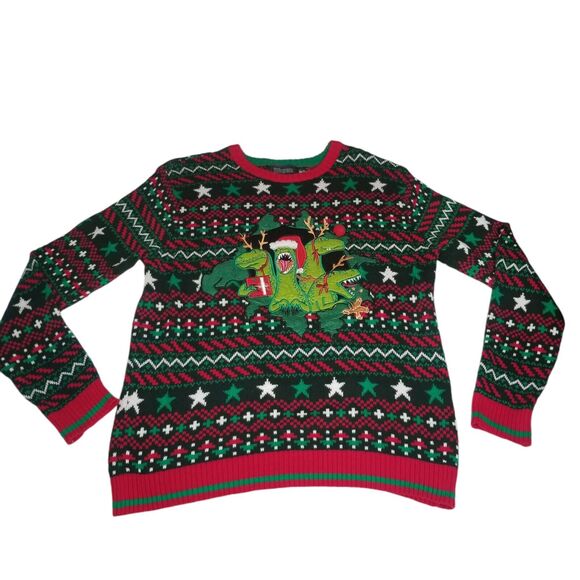 33 Degrees Santa T-Rex Dinosaur Ugly Christmas Sweater Adult Medium - Picture 2 of 11